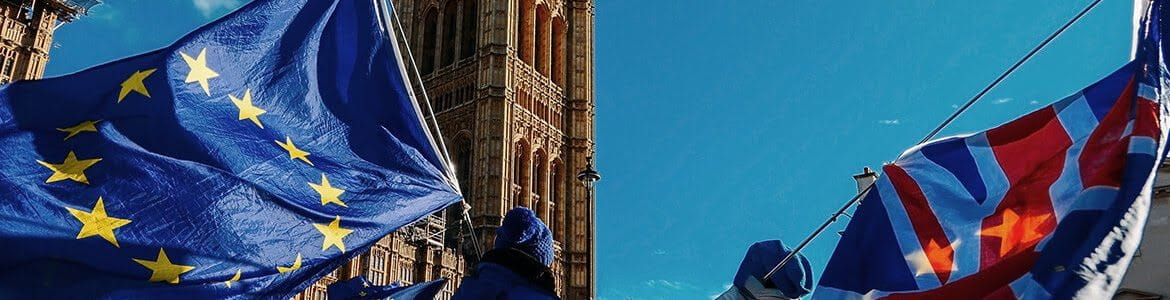 UK Union Jack Flag alongside European Union flag