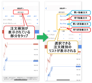 iPhone版MT4アプリで注文できる種類