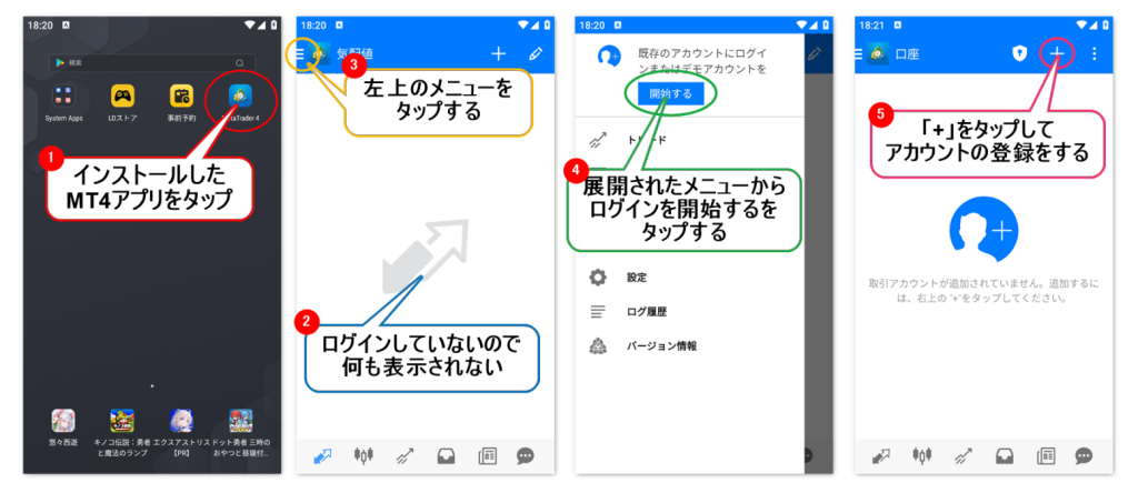 インストールしたMT4アプリで取引口座へログインする説明画像